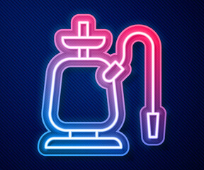 Glowing neon line Hookah icon isolated on blue background. Vector