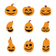 Set of Halloween scary pumpkins. Illustration of Jack-o-lantern facial expressions. Simple collection spooky horror images of pumpkins. Isolated vector stock illustration.