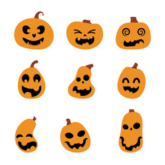 Halloween scary pumpkins set. Illustration of Jack-o-lantern facial expressions. Simple collection spooky horror images of orange pumpkins. Isolated vector stock illustration.