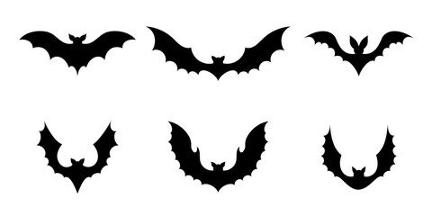 Set of black silhouette bats. Creepy decoration of horror design for Halloween party. Spooky background for october night party and invitations. Flat vector stock illustration.