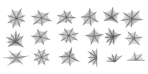 Set of black silhouettes of spider web. Spooky horror design decoration for Halloween party. Spooky background for October party and invitations. Flat vector stock illustration.