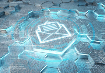 Email icon concept engraved on hexagonal pedestral background. Mail Logo glowing on abstract digital surface. 3d rendering