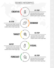 Fototapeta premium Business vector infographics with 5 line circles. Timeline visualization with five steps for diagram, flowchart, banner, presentations, web, content, levels, chart, graphic
