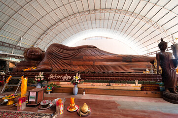 Chachoengsao, Thailand, April 22, 2021: Wat Pa Khao Lom, Peaceful place and Buddha statue carved...