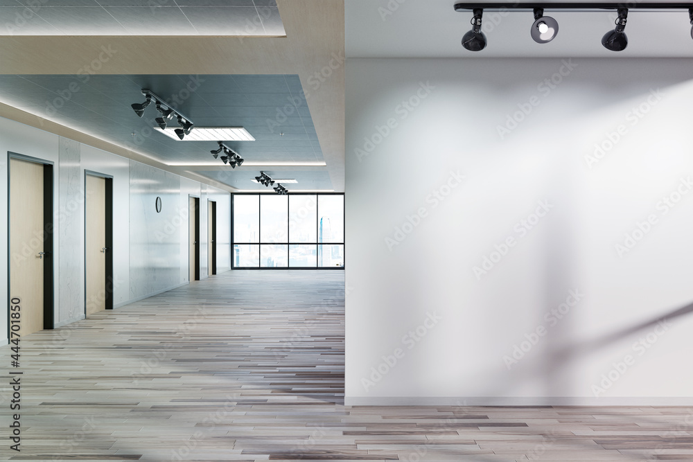Poster Blank wall in office mockup with large windows and sun passing through 3D rendering