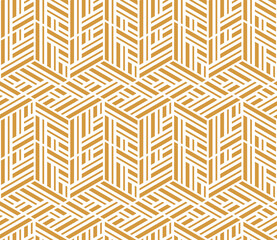 Abstract geometric pattern with stripes, lines. Seamless vector background. White and gold ornament. Simple lattice graphic design