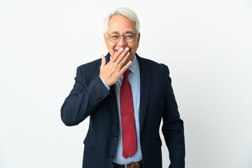Middle age Brazilian business man isolated on white background happy and smiling covering mouth...