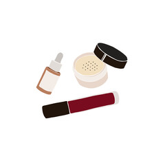 Set of cute cosmetics. Serum bottle, lipstick and face powder. Set of Abstract feminine vector illustrations. Summer girly trendy simple icons. Instagram post, business advertisement, flyer design - 444702234