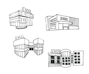 Fototapeta premium School building illustration in hand drawn style. Vector set of logo design templates and signs for identity, business cards and packaging.