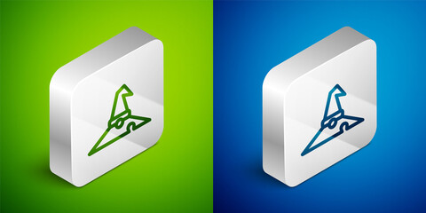 Isometric line Witch hat icon isolated on green and blue background. Happy Halloween party. Silver square button. Vector