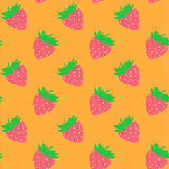 Seamless pattern with red strawberries on orange board. Tasty berry, sweet food illustration. Summer theme. Beautiful print for textile, greeting cards, wrapping paper, decor and design. 