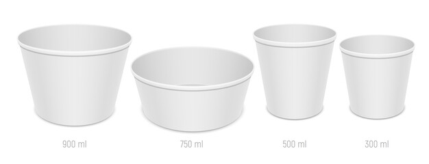 Set of vector realistic blank disposable food containers. Different sizes of paper open empty dishes for takeaway food packaging. - 444703496