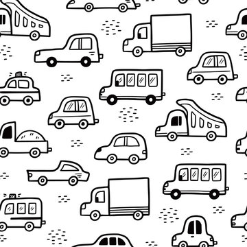 Car pattern. Doodle sketch style seamless background. Hand drawn toy car vector illustration for baby texture, print.