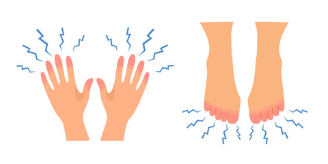 Numbness in hands and feet concept vector illustration on white background. Man or woman feeling pain in hand and feet.
