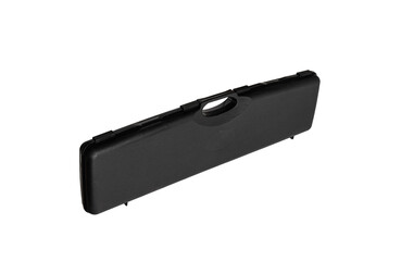 Suitcase for transportation and storage of weapons. Black plastic case for gun isolated on white...