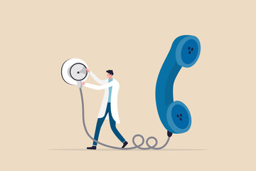 Telehealth or telemedicine service, technology that doctor can diagnose or consult patient via telephone call or internet conference concept, doctor holding stethoscope connect with big telephone. - obrazy, fototapety, plakaty