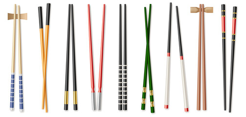 Realistic colorful chopsticks set isolated on white background. Asian food chop sticks