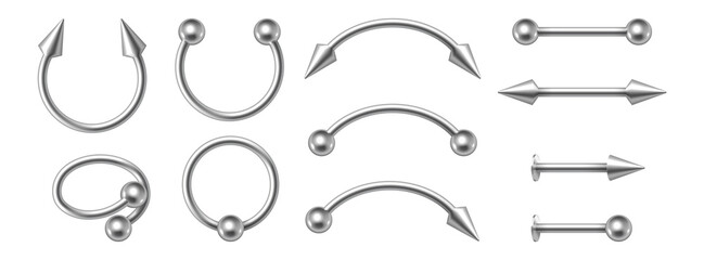 Piercing jewelry. Realistic metal nose rings. 3d earrings pierced face body accessories set - obrazy, fototapety, plakaty