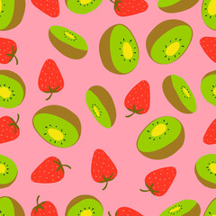 Flat fruit seamless pattern in hand-drawn style. Vector repeat background with kiwi, watermelon and berries. Fresh food fabric design.