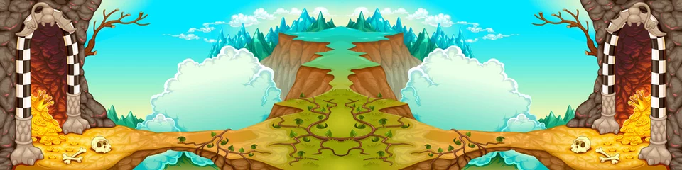 Selbstklebende Fototapeten Fantasy landscape with caverns and treasures. Vector cartoon illustration, the sides repeat seamlessly for a possible, continuous animation.  © ddraw