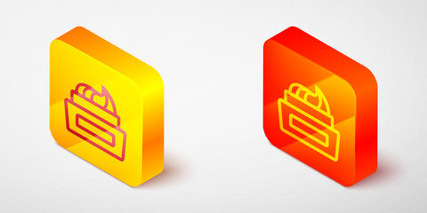 Isometric line Bottle of nail polish icon isolated on grey background. Yellow and orange square button. Vector