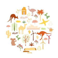 Australia set of silhouette animals and plants. Isolated island wildlife with kangaroo, koala, parrot, emu, camel and tree. Australian traditional symbols and element collection. Vector illustration.