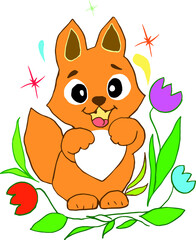 Cartoon funny, red-haired playful squirrel around foliage, tulips. Vector graphics 