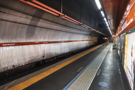 Interior of Rome Metro (Metropolitana di Roma). Barberini - Fontana di Trevi is underground station on Line A of Rome Metro, situated under Piazza Barberini in Trevi. Rome, Italy. July 4, 2021.