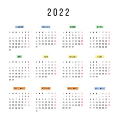 French calendar 2022 year. Vector stationery square calendar week starts Monday. Yearly organizer. Simple calendar template in minimal design. Business illustration.