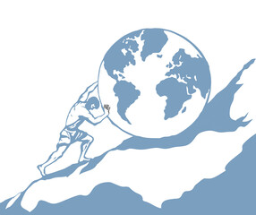 A man rolls a earth up the hill. Vector drawing