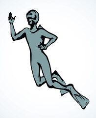 Scuba diver underwater. Vector drawing