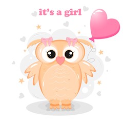Cute owl with bow and balloon. Baby shower invitation. Girl
