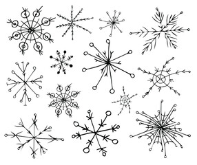 Snowflake doodle graphic set. Collection of snowflakes for winter design. Hand draw vector illustration. Christmas. Isolated on white background