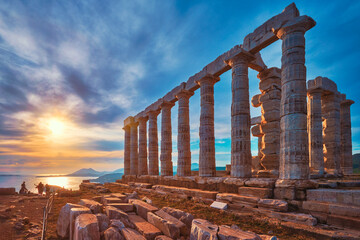 Poseidon temple ruins on Cape Sounio on sunset, Greece