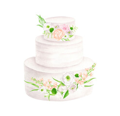 Obraz na płótnie Canvas Watercolor wedding cake with flowers illustration. Hand drawn 3 tiered white cream dessert isolated on white. Clipart for invitations, menu, restaurant, shop and bakery logo