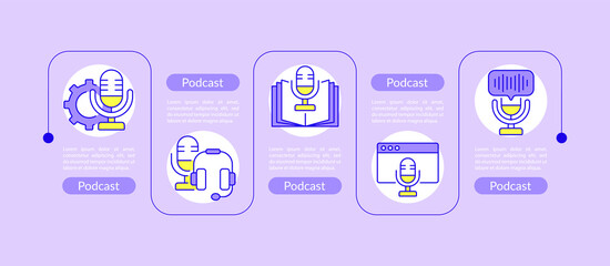 Podcast design elements. Vector infographic template with icons. Data visualization with five steps. Process timeline chart.