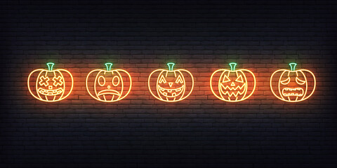 Halloween pumpkin neon. Set of bright Jack O Lantern for Halloween celebration