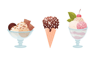 Tasty Ice Cream in Bowl and Waffle Cone as Sweetened Frozen Food Vector Set