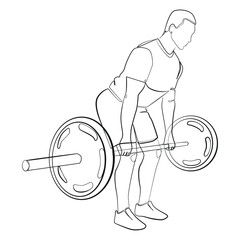 The athlete lifts the heavy barbell one line drawing on white isolated background