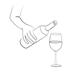 A man holds a bottle in his hands while pouring a drink into a wine glass line drawing on white isolated background