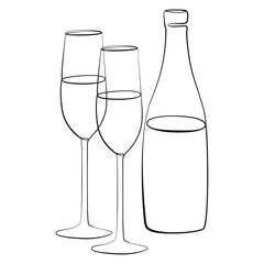 Composition of a bottle of champagne and two glasses made in a graphic style of line drawing on white isolated background
