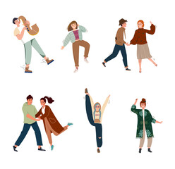 Fototapeta premium Group of young happy people dancers or men and women isolated on a white background. Smiling dancing couples enjoying a dance party. Vector illustration in flat cartoon style. Entertainment concept.