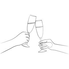 Close up of couple holding champagne glasses made in a graphic style of line drawing on white isolated background