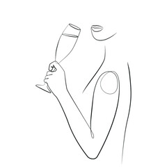 Woman holding a glass of champagne in her hands made in a graphic style of line drawing on white isolated background