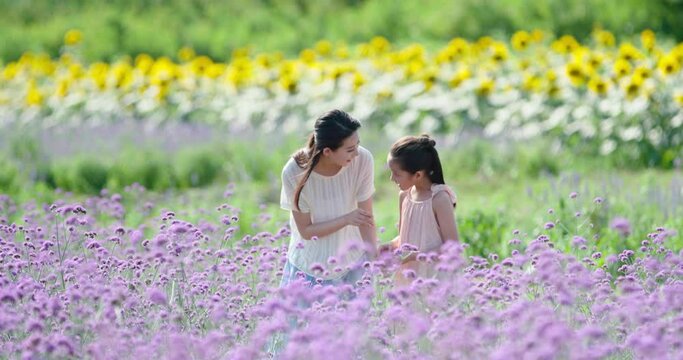 Happy mother and daughter in flower field,4K