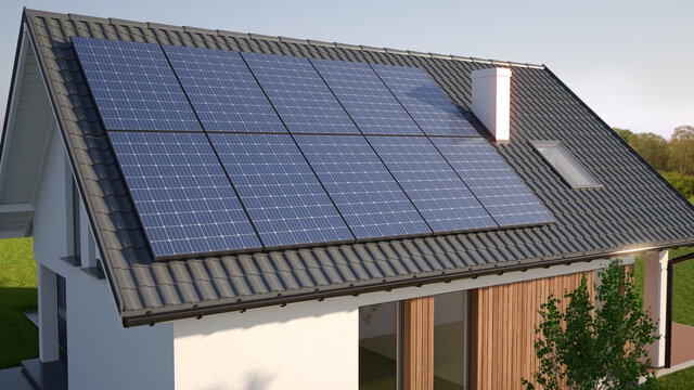 Solar panels on roof of the modern single family house, 3D illustration