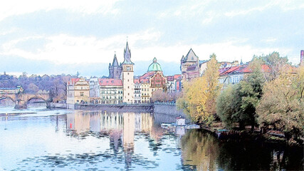 Views of old part of Prague. Sketch style illustration