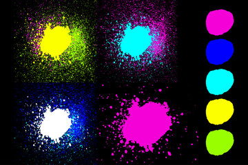 Round blue, green, pink neon colors explosin splash splatter elements isolated on black. Artistic circles spray paint grunge abstract background set, vector illustration for your design