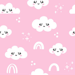 Cloudy sky with several kawaii face clouds - funny hand drawn doodle, seamless pattern. Lettering poster or t-shirt textile graphic design. Wallpaper, wrapping paper, pink background.