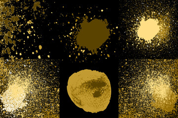 Round golden acrylic glittering paint grunge splatter isolated on black. Shimmer glow gold explosin...